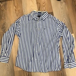 White with blue stripes, men’s button down shirt